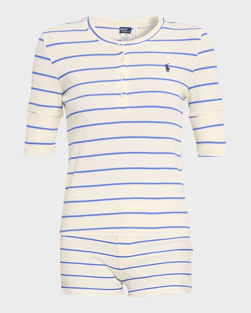 Striped Waffle-Knit Henley & Shorts Pajama Set