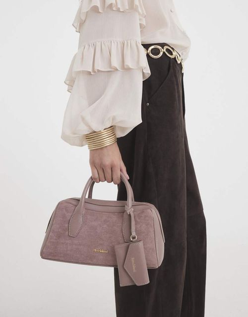 Faux suede curved top bowler bag in pink - light