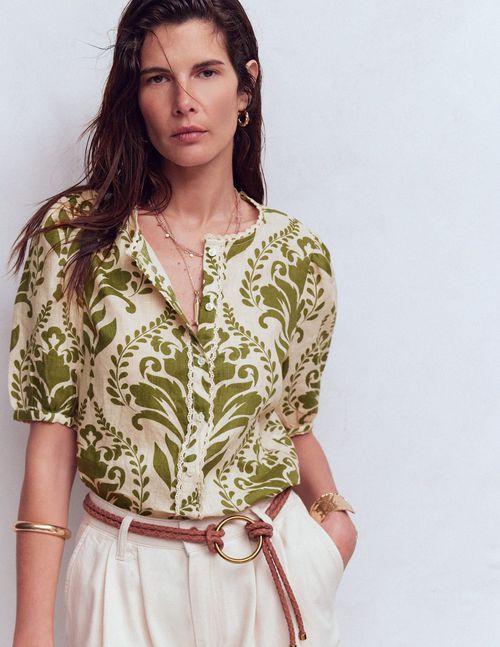 Women's Leah Short Sleeve Linen Top in Green | Size 0