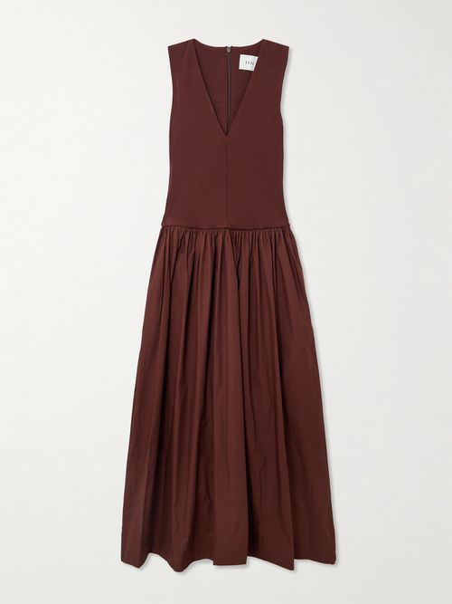 Stretch-knit And Gathered Organic Cotton-poplin Maxi Dress - Brown