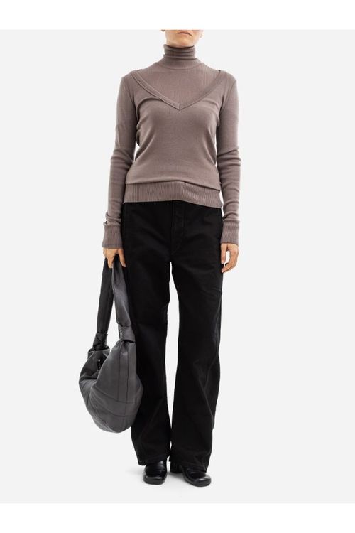 Ribbed Turtleneck V-Neck Sweater — Gray
