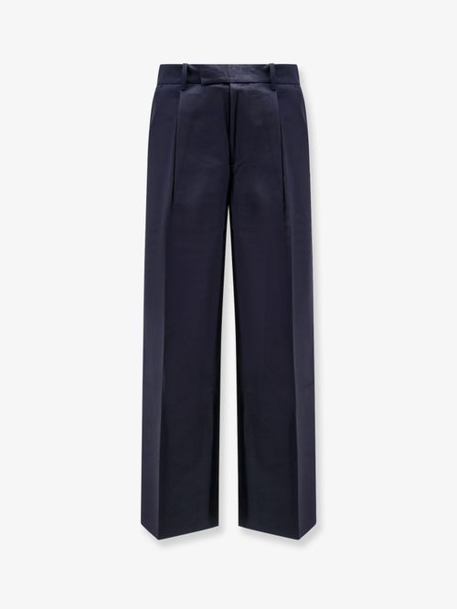 Wide-Leg Pleated Cotton Trousers — Navy