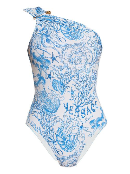 One-shoulder printed swimsuit - White