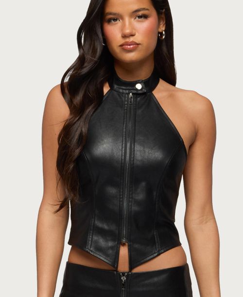 Women's Diana Zip Up Faux Leather Halter Top - Black