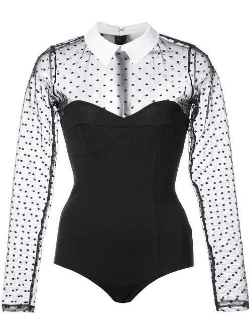 Dotted Tulle collared bodysuit - Black