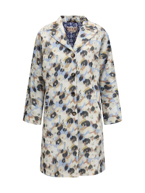 Printed Button Cocoon Coat — Blue