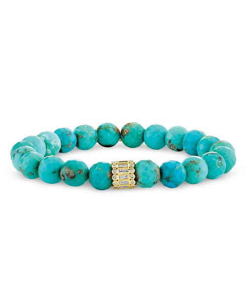 14K Yellow Gold Matrix Turquoise & Diamond Beaded Stretch Bracelet