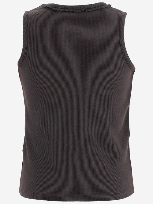 Ribbed Cotton with Ruffled Neckline Tank Top — Brown