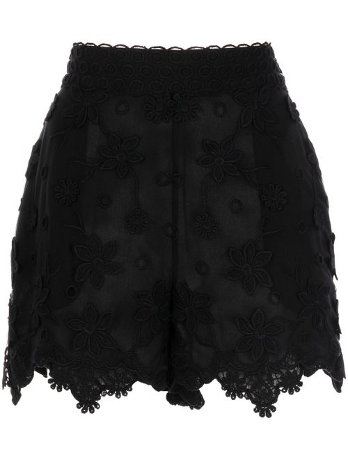 Floral-embroidered silk shorts - Black