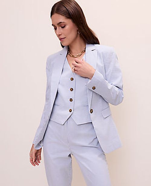 Ann Taylor The Petite Striped Long One Button Blazer