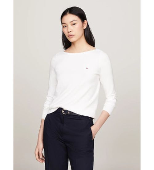Tommy Hilfiger for woman. WW0WW42050 White boat neck knitted jumper (S), Casual, Long sleeve, Organic Cotton, Sustainable