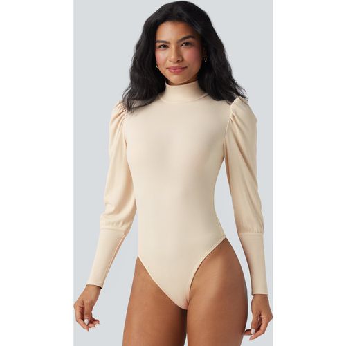 Halara Ribbed Knit High-neck Puff Sleeve Skinny Work Bodysuit - Arctic Wolf