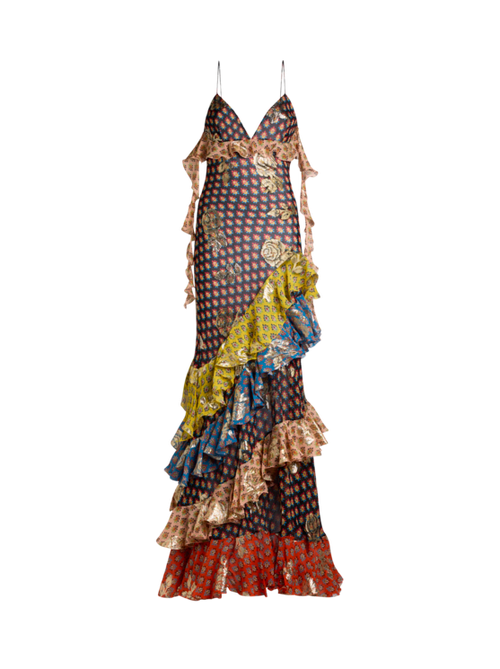 Long Silk Dress With Fil Coupé Roses And Tie-inspired Motif