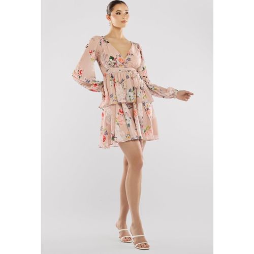 Goddiva Sustainable Tiered Wrap Floral Mini Dress - Peach Flora