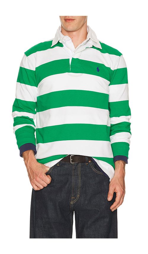 Polo Ralph Lauren Long Sleeve Iconic Stripe Rugby Polo in Green,White. - M also in L, XL/1X, XXL/2X