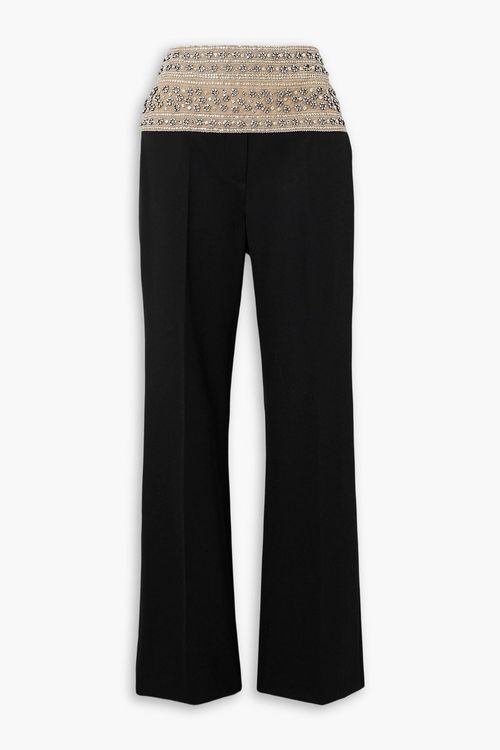 Crystal-embellished mesh-trimmed wool-twill straight-leg pants - Black - IT 40
