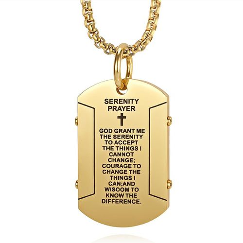 Religious The Serenity Prayer Bible Verse Cross Geometric Rectangle Necklace Men Personalized Punk Rock Stainless Steel Lord's Prayer Dog Tag Pendant