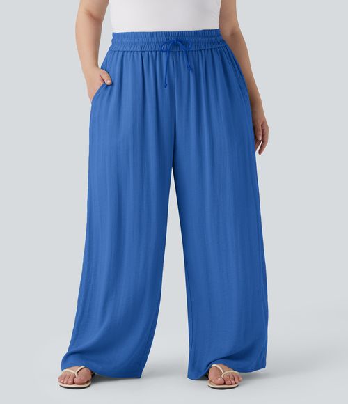 High Waisted Drawstring Linen-Feel Wide Leg Casual Plus Size Pants with Pockets  - Strong Blue