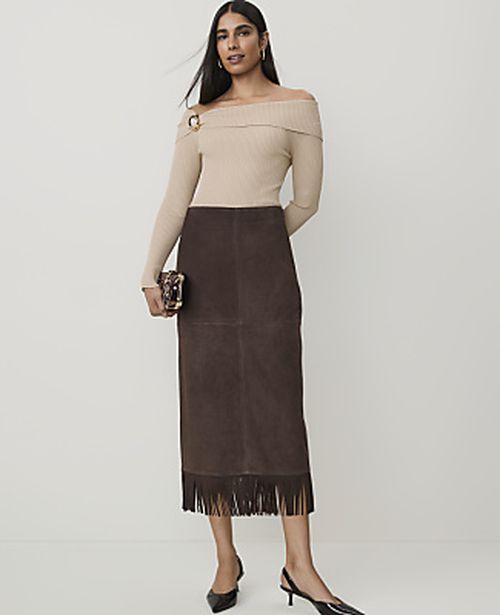 Ann Taylor Studio Collection Suede Fringe Column Skirt