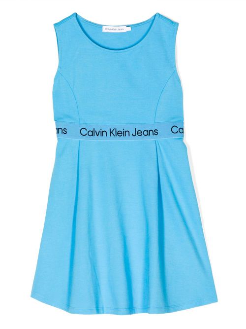 Logo-trim detail sleeveless dress - Blue