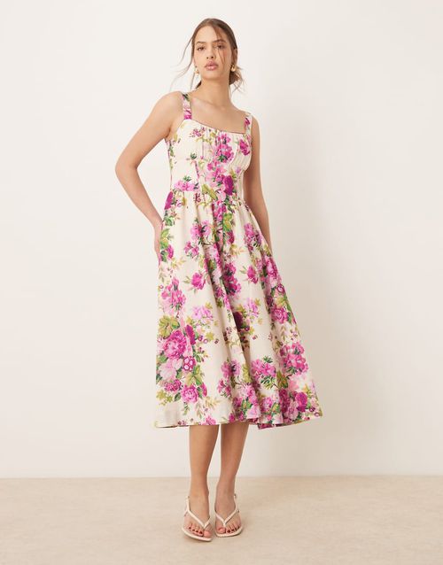 Hope & Ivy | Hope & Ivy a-line strappy corset midi dress in pink print |  Realry