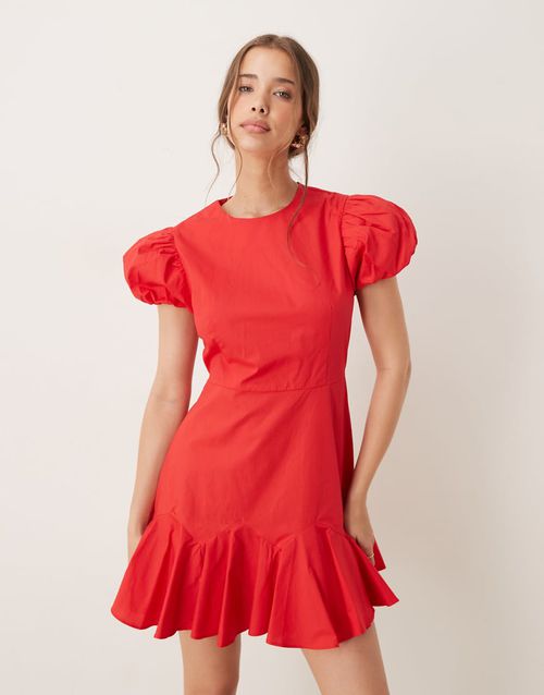 Puff sleeve ruffle hem mini dress in red