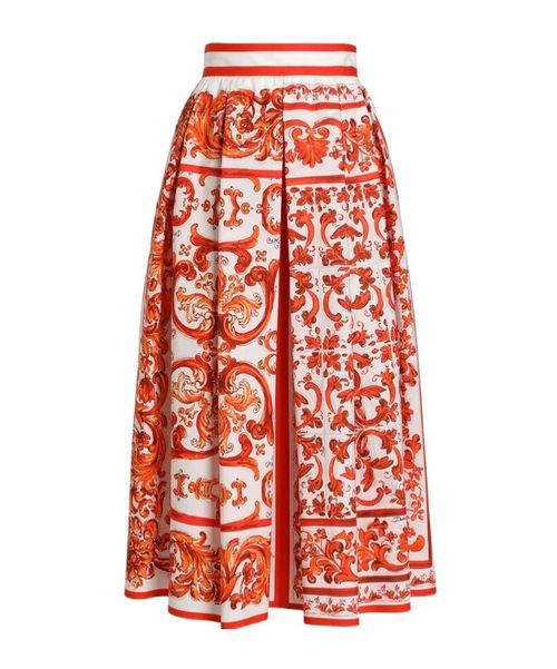 Majolica-Printed Poplin Pleated Midi Skirt