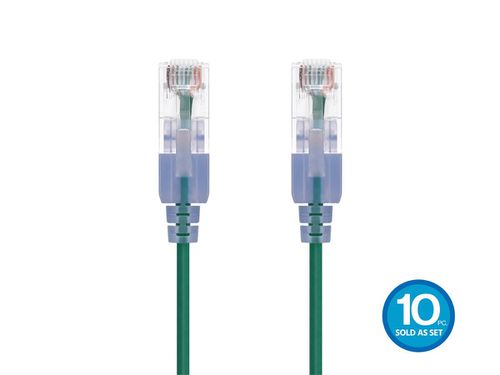 Cat6A 3ft Green 10-Pk Patch Cable, UTP, 30AWG, 10G, Pure Bare Copper, Snagless RJ45, SlimRun Series Ethernet Cable