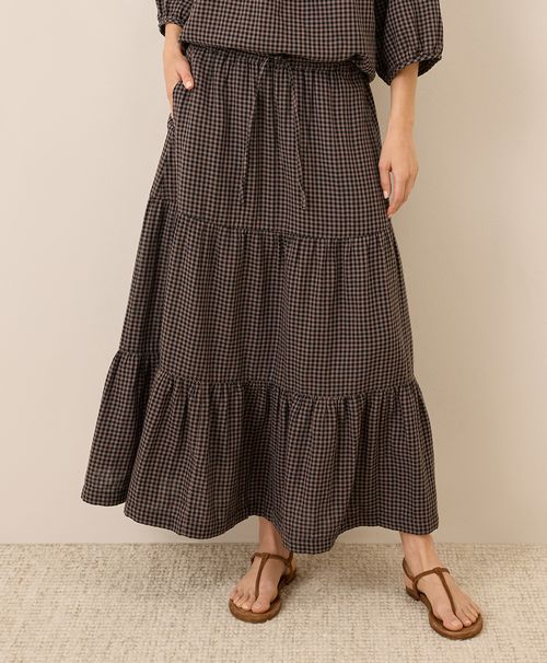Women's Autumn Gingham Coastal Double Gauze Tiered Maxi Skirt