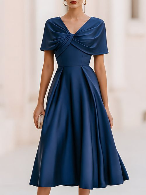 Satin Midi Dress With Shawl-Style Twisted Sleeves - Navy Blue