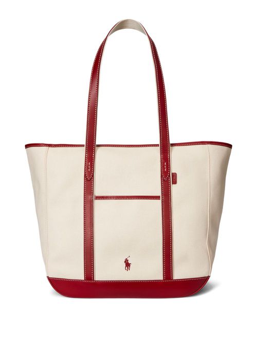 Medium leather-trimmed canvas tote bag - Neutrals