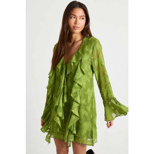 Boohoo Women's Burnout Floral Ruffle Shift Dress in Olive
