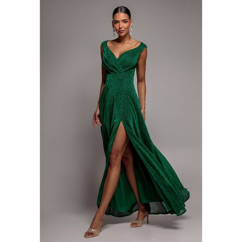 Goddiva Crossover Lurex Glitter Maxi Dress - Emerald