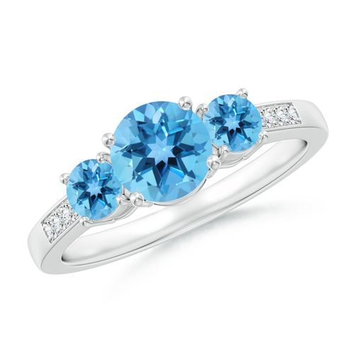 Angara 0.95 Carat Three Stone Round Swiss Blue Topaz Ring with Diamond Accents in Platinum