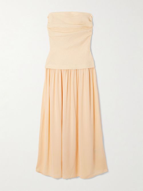 Hedy Strapless Gathered Linen And Voile Maxi Dress - Yellow