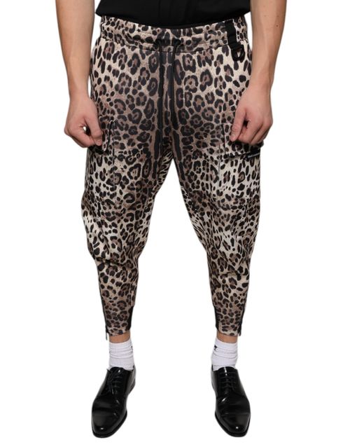 Leopard Print Polyester Jogger Pants — Brown