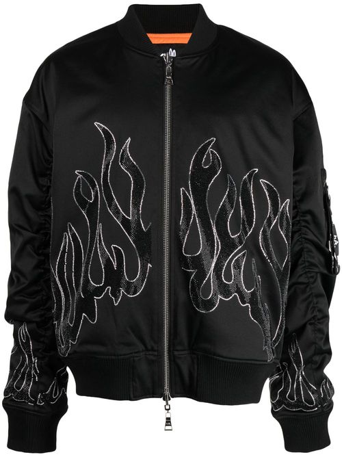 Flame-print zipped bomber jacket - Black