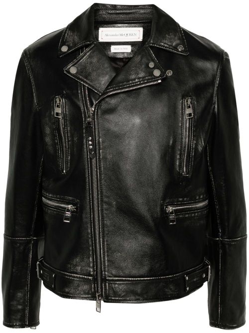 Zipped leather biker jacket - Black
