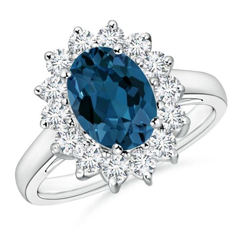 Angara 2.25 Carats Princess Diana Inspired London Blue Topaz Ring with Halo in Platinum
