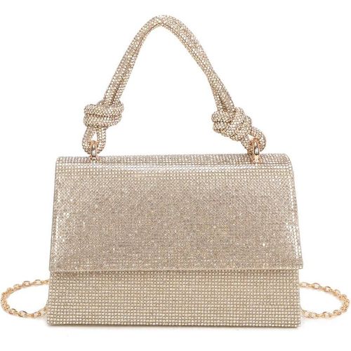JFY Women's Flap Rhinestone Embedded Knots Top Handle Diamante Clutch Bag in Metallic Gold