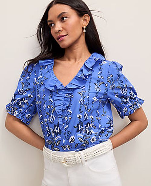 Ann Taylor Weekend Floral Ruffle Trim Blouse