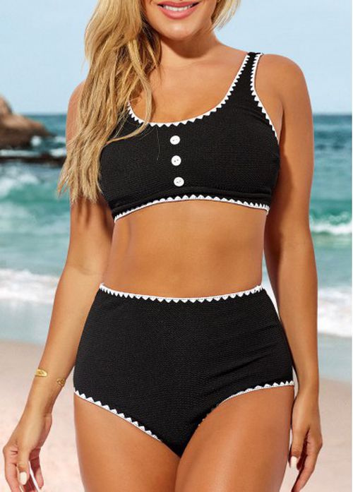 Modlily High Waisted Decorative Button Black Bikini Set