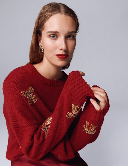 Natalie Embroidered Sweater Red, Embellished Bows