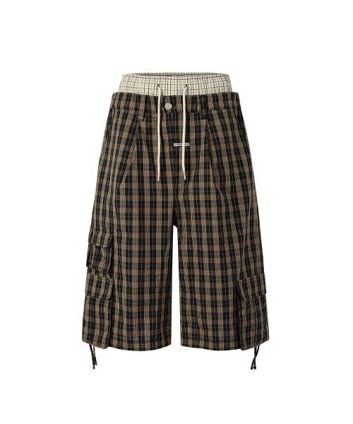 LAYERED CHECK CARGO SHORTS BROWN