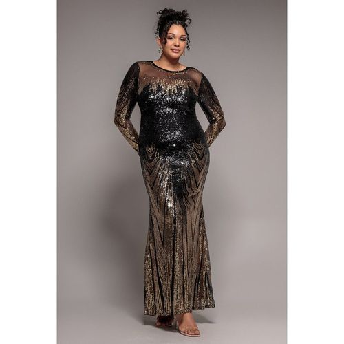 Goddiva Plus Long Sleeve Aztec Sequin Maxi Dress - Gold