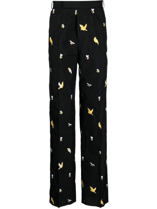 Birds and Bees embroidered straight-leg trousers - Black