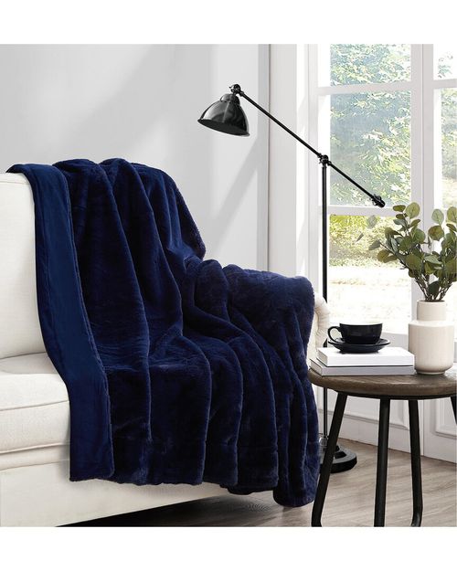 Soft Faux Rabbit Fur Navy Throw In Gift Box