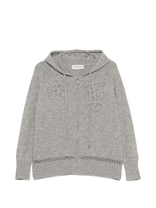 Floral-Embroidered Knit Hoodie — grey