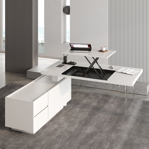 1815mm  Modern White L-Shape Executive Desk with Side Cabinet Height Adjustable Desktop Standing Desk with Clear Arcylic Leg