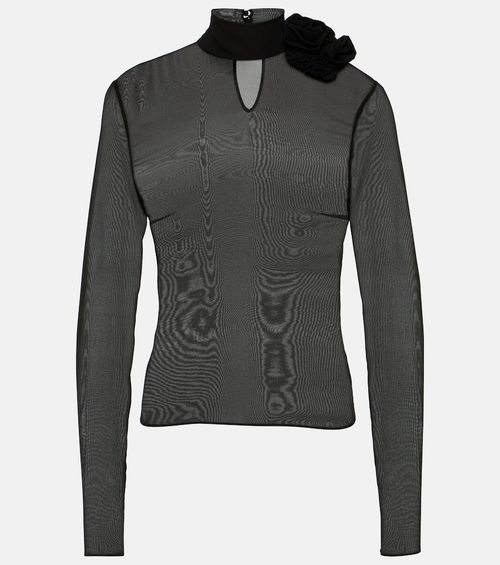 Floral-appliqué sheer silk blouse